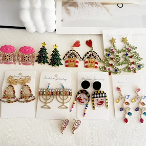 Wholesale Christmas Tree Bells Elk Lollipop Rice Beads Alloy Diamond Earrings