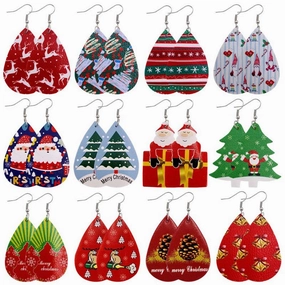 Wholesale Christmas Tree Bells Santa Claus Elk Leather Earrings