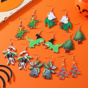 Wholesale Christmas Tree Bells Small Dinosaur Walking Stick Double Sided Earrings
