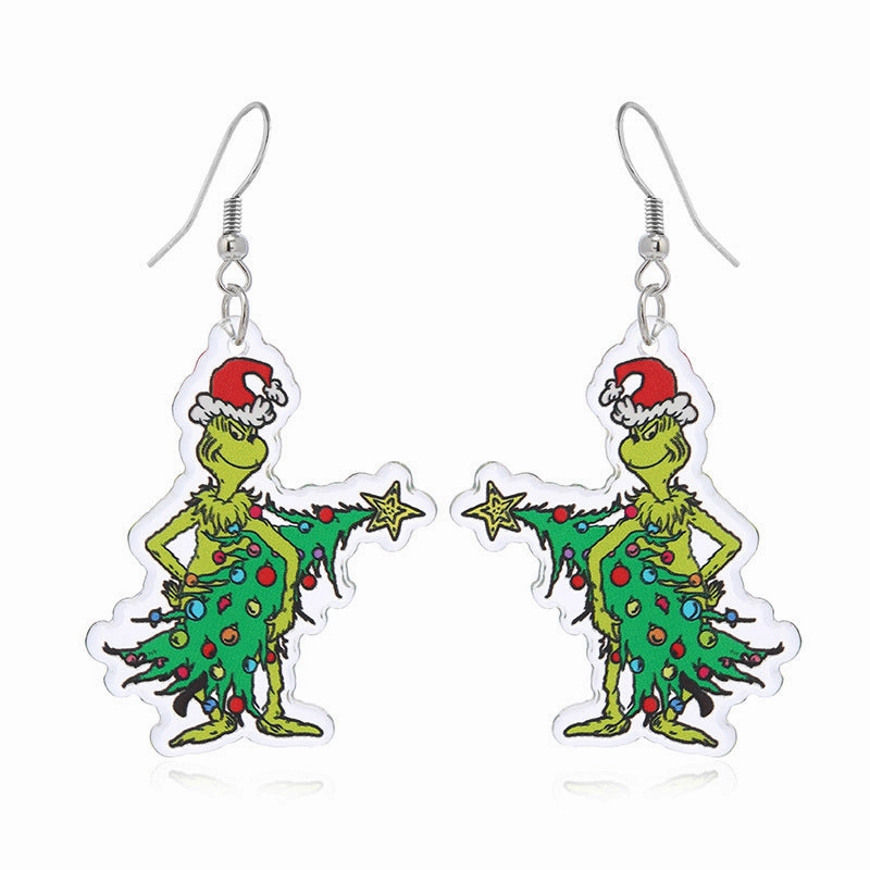 Wholesale Christmas Tree Bells Small Dinosaur Walking Stick Double Sided Earrings