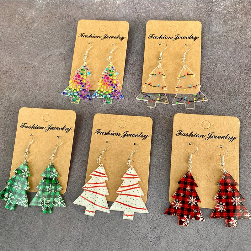 Wholesale Christmas Tree Black and Red Plaid Colorful Acrylic Earrings