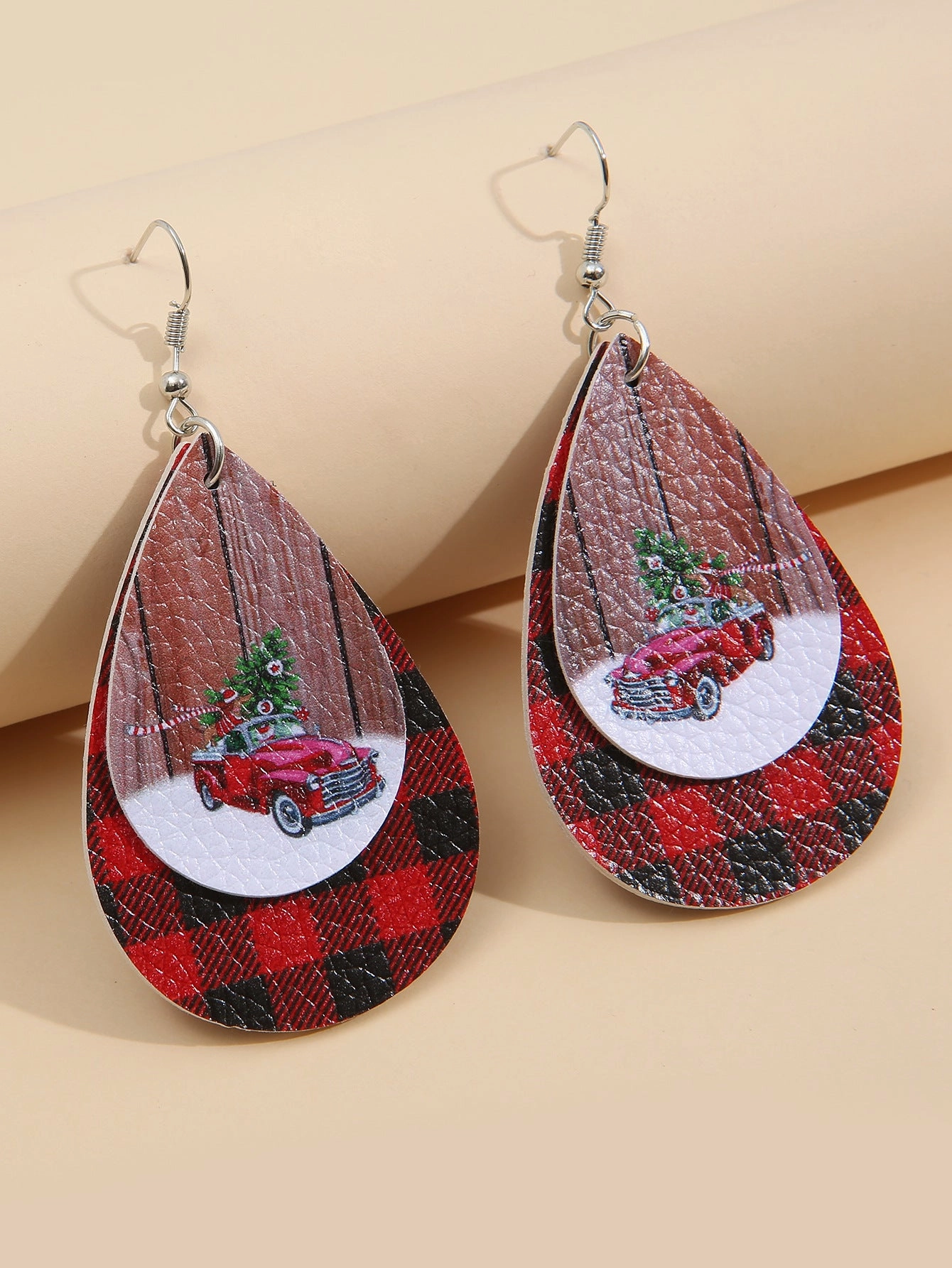 Wholesale Christmas Tree Car Leather Droplet Earrings