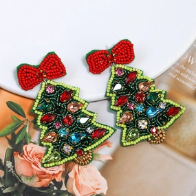 Wholesale Christmas Tree Inlaid Diamond Handmade Rice Beads Christmas Earrings