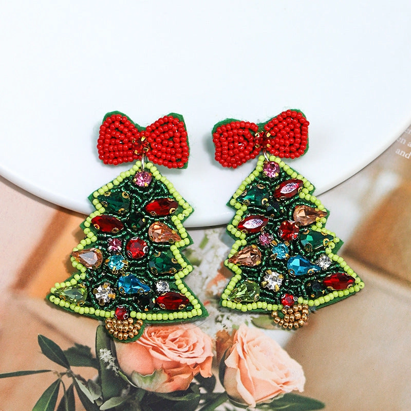 Wholesale Christmas Tree Inlaid Diamond Handmade Rice Beads Christmas Earrings