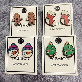 Wholesale Christmas Tree Snowman Wood Earrings