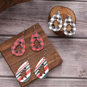 Wholesale Christmas Tree Water Drop Stripe Wooden Earrings