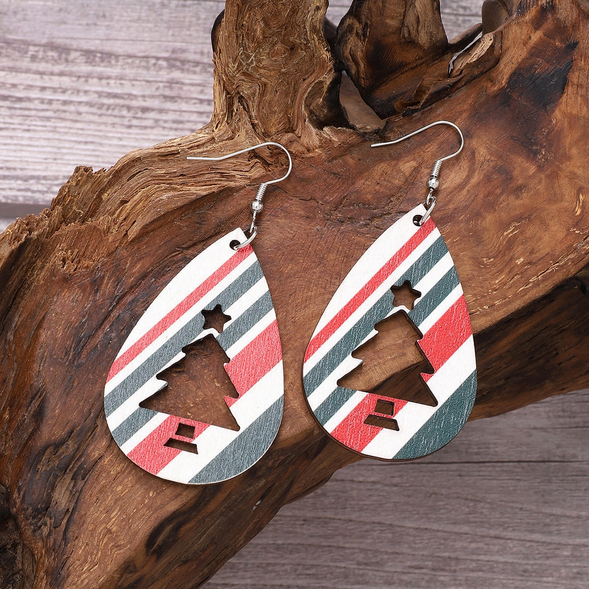 Wholesale Christmas Tree Water Drop Stripe Wooden Earrings