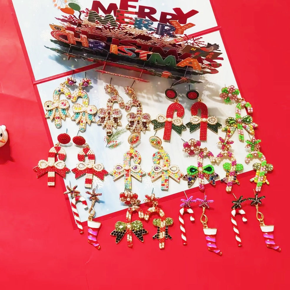 Wholesale Christmas Walking Stick Alloy Diamond and Rice Bead Earrings