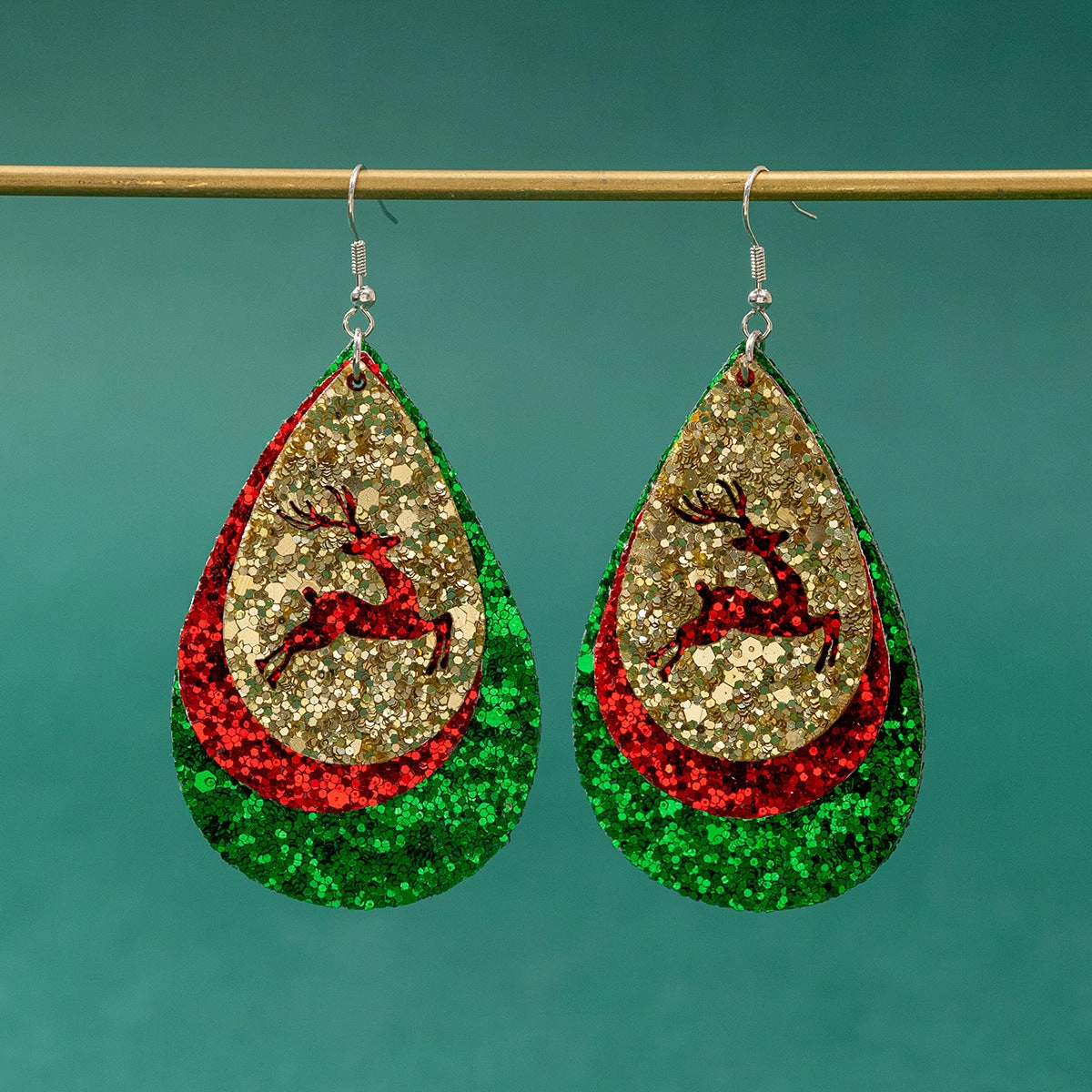 Wholesale Christmas Water Drop Sequins Sparkling Pink Hollow Elk Leather Earrings
