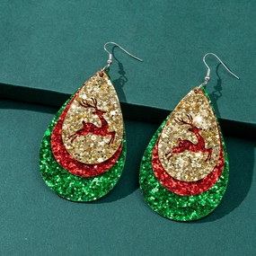Wholesale Christmas Water Drop Sequins Sparkling Pink Hollow Elk Leather Earrings
