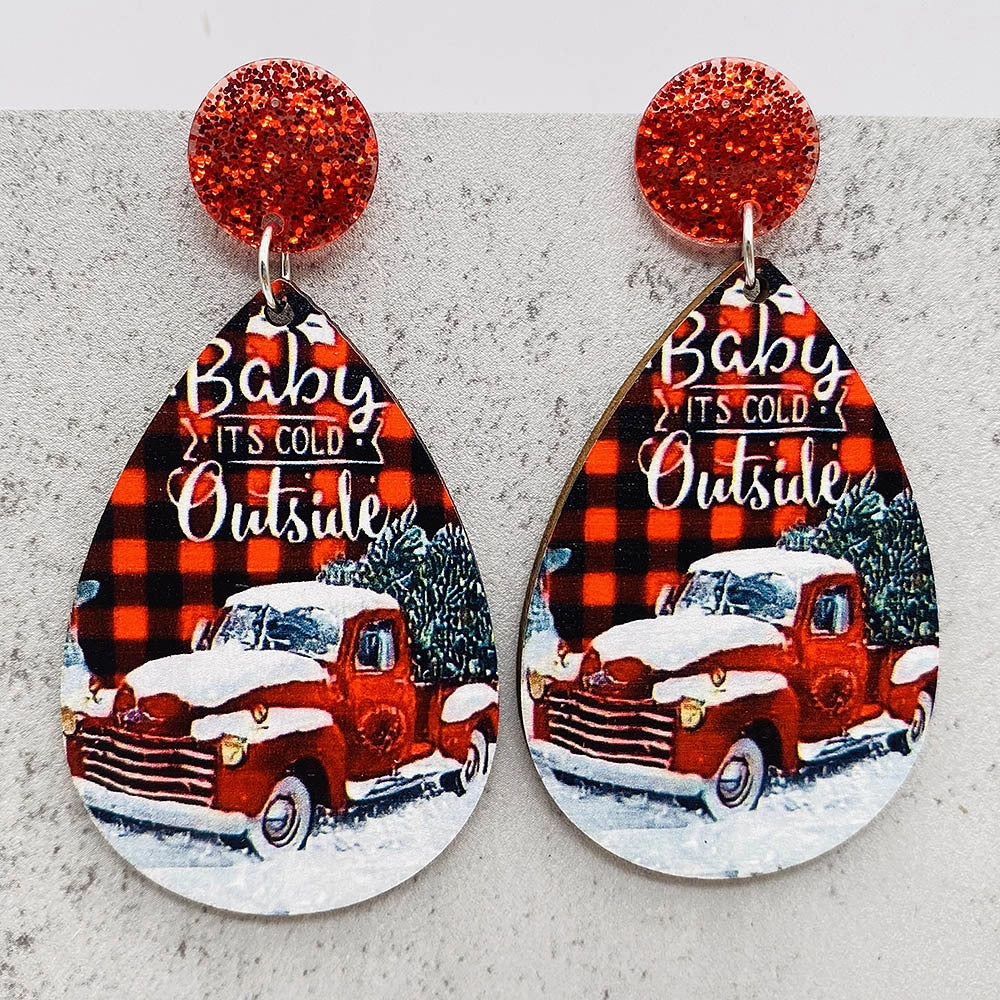 Wholesale Christmas Water Drop Wooden Earrings