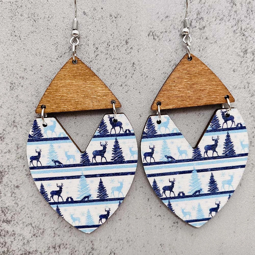 Wholesale Christmas Wooden Christmas Tree Stripe Patchwork Earrings