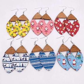Wholesale Christmas Wooden Christmas Tree Stripe Patchwork Earrings