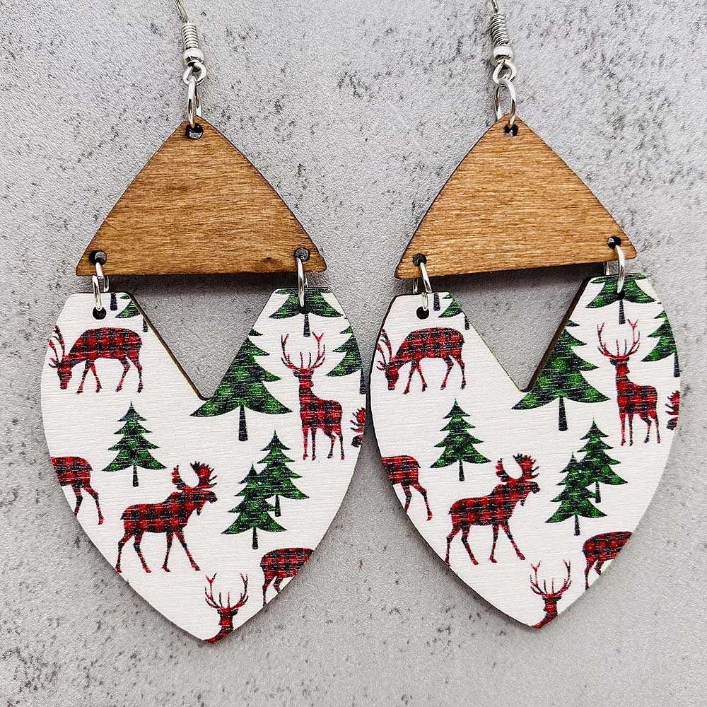Wholesale Christmas Wooden Christmas Tree Stripe Patchwork Earrings