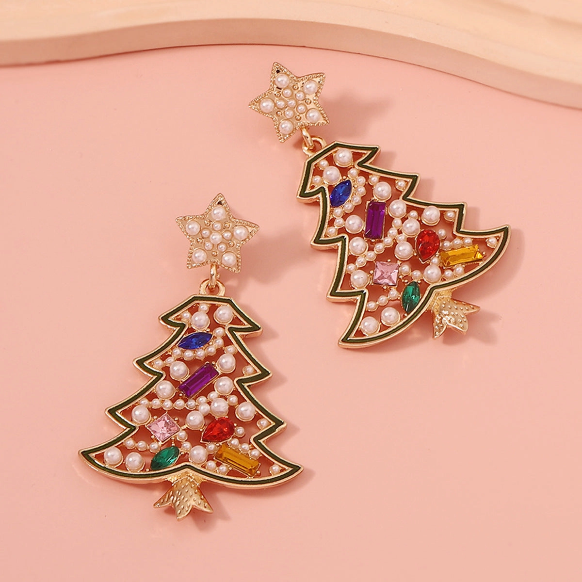 Wholesale Christmas Zinc Alloy Christmas Tree Hollow Inlaid Color Diamond Pearl Earrings