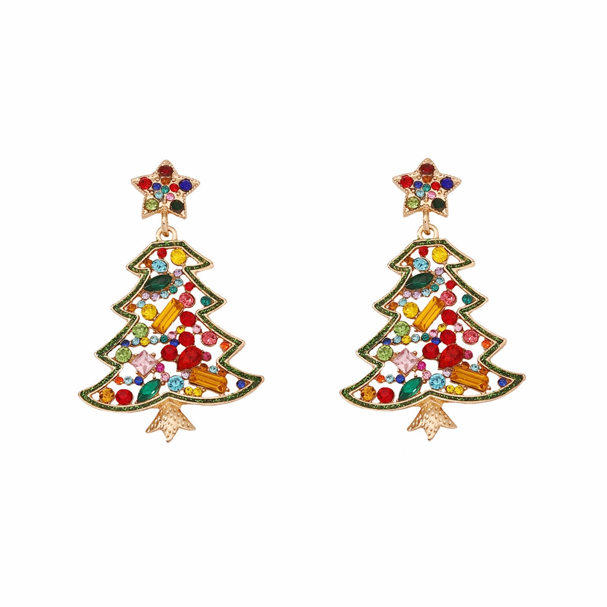 Wholesale Christmas Zinc Alloy Christmas Tree Hollow Inlaid Color Diamond Pearl Earrings