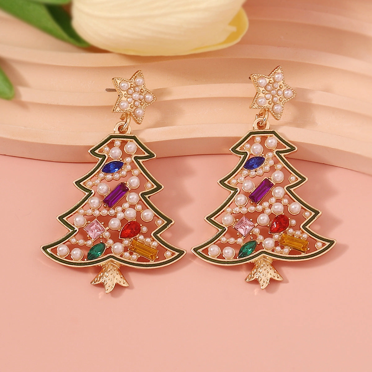 Wholesale Christmas Zinc Alloy Christmas Tree Hollow Inlaid Color Diamond Pearl Earrings