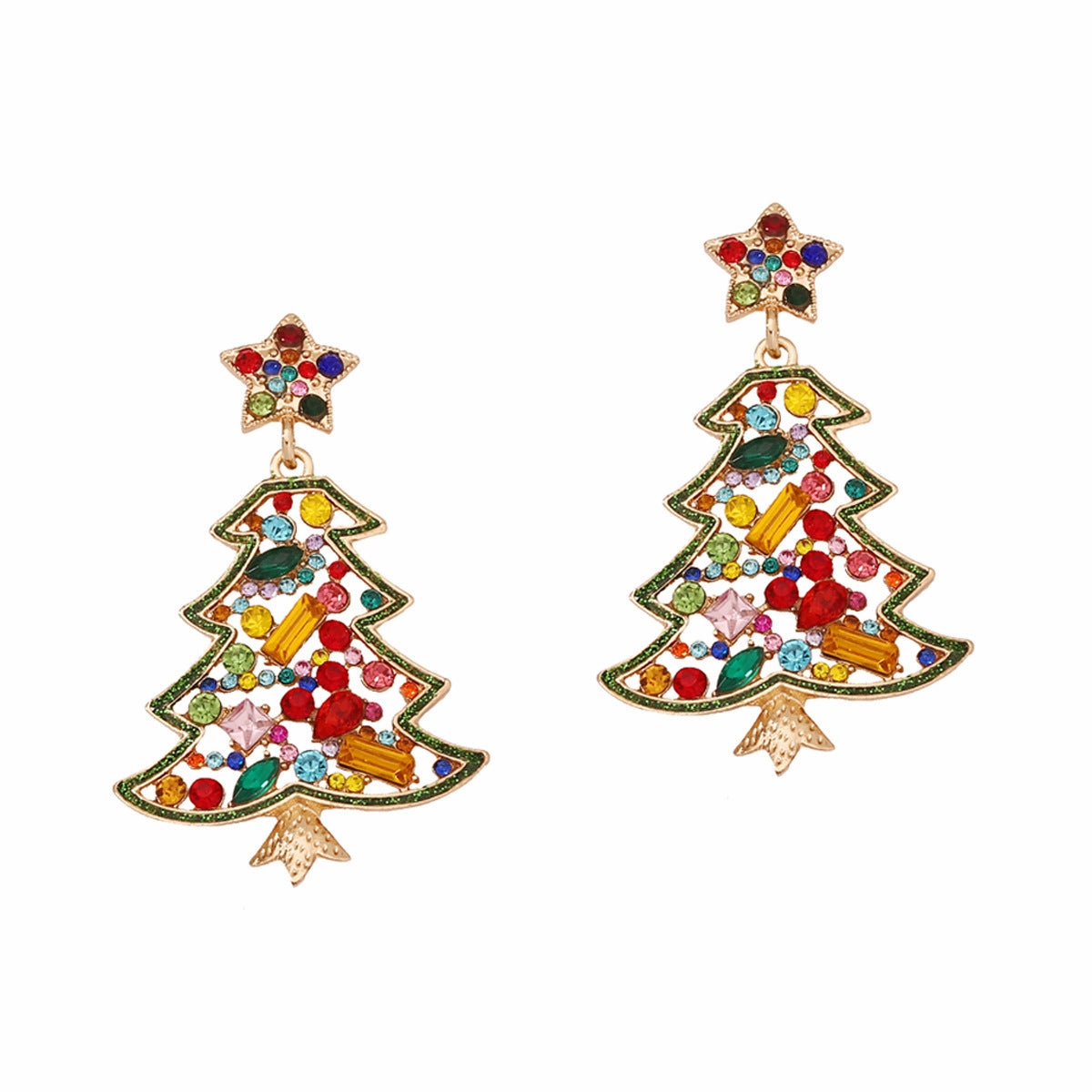 Wholesale Christmas Zinc Alloy Christmas Tree Hollow Inlaid Color Diamond Pearl Earrings