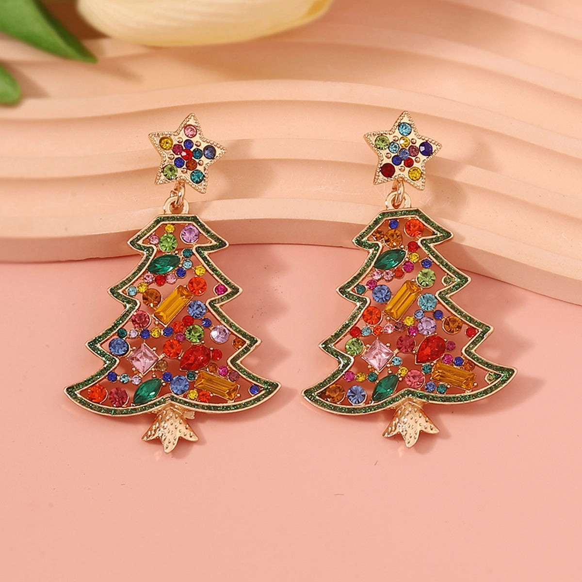 Wholesale Christmas Zinc Alloy Christmas Tree Hollow Inlaid Color Diamond Pearl Earrings