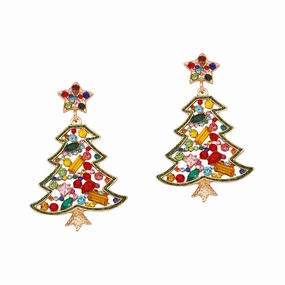 Wholesale Christmas Zinc Alloy Christmas Tree Hollow Inlaid Color Diamond Pearl Earrings