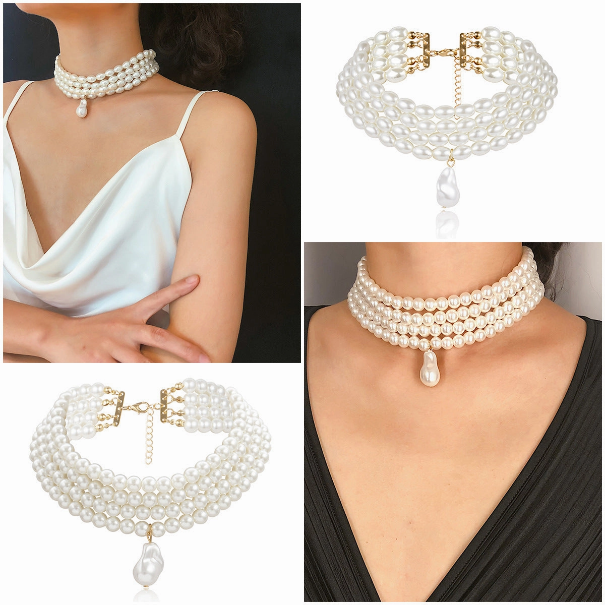Wholesale Circular Geometric Multi-layer Rice Shaped Pearl Necklaces