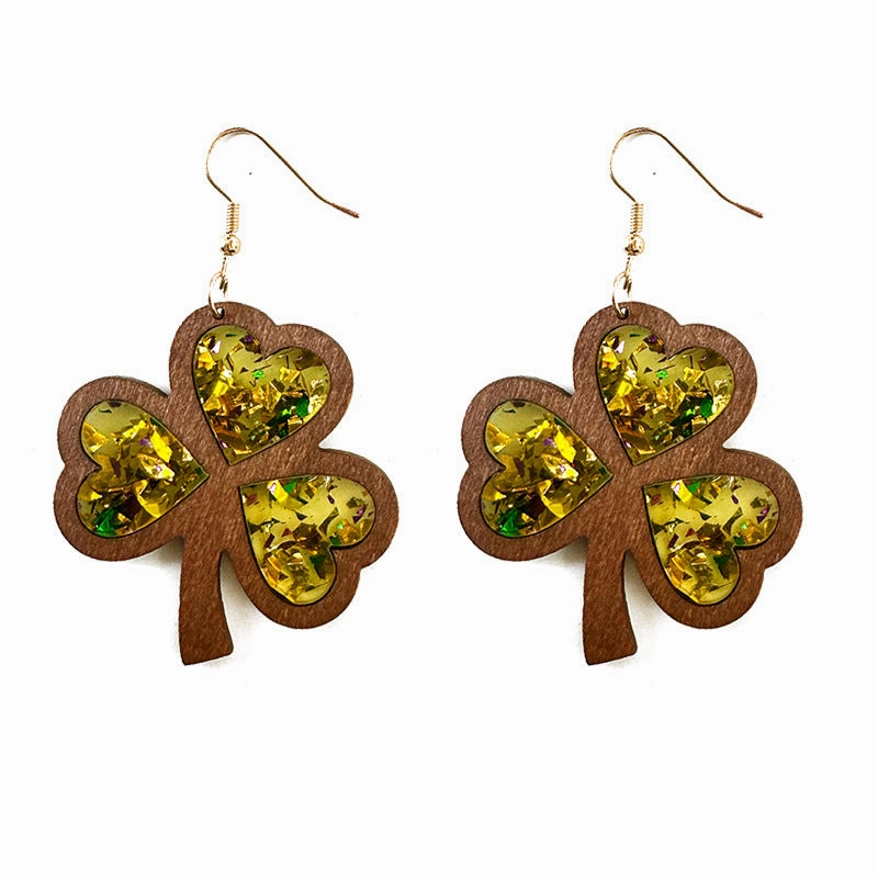 Wholesale Clover Acrylic St. Patrick's Day Wood Texture Inlay Holiday Earrings