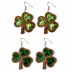 Wholesale Clover Acrylic St. Patrick's Day Wood Texture Inlay Holiday Earrings