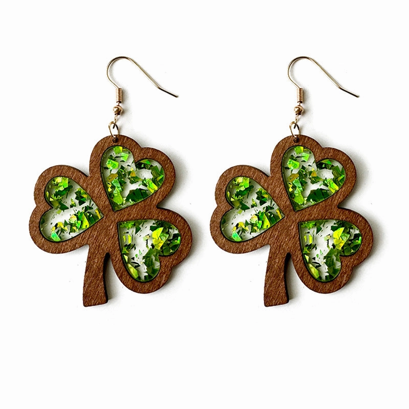 Wholesale Clover Acrylic St. Patrick's Day Wood Texture Inlay Holiday Earrings