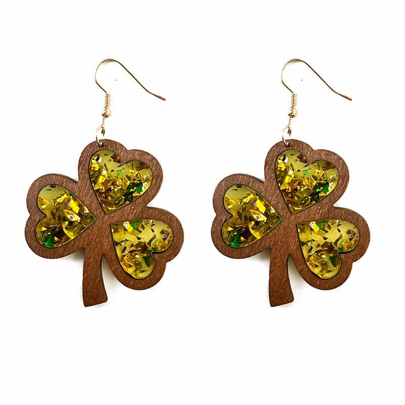 Wholesale Clover Acrylic St. Patrick's Day Wood Texture Inlay Holiday Earrings