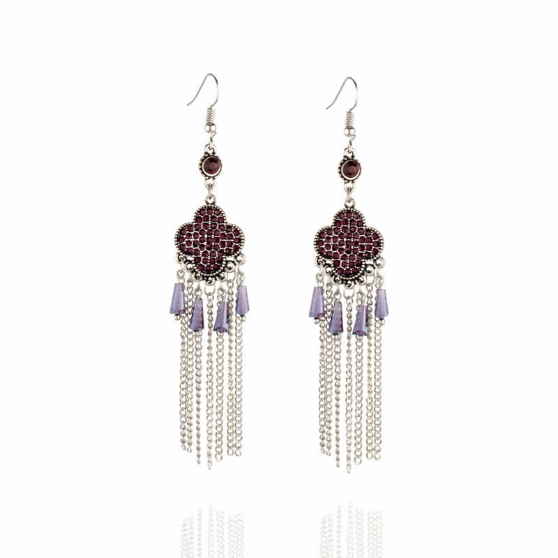 Wholesale Clover Full Diamond Tassel Alloy Earrings