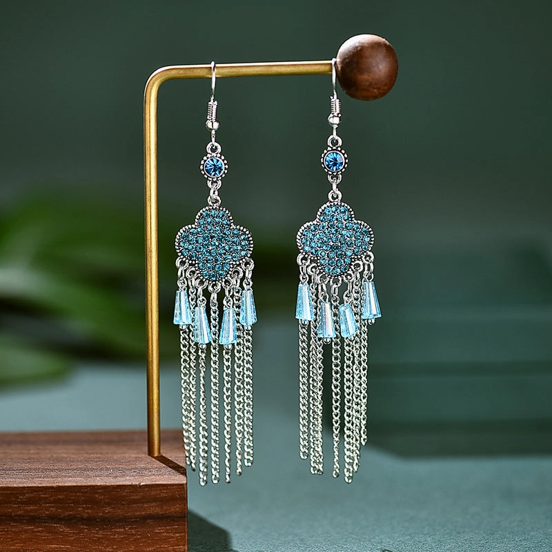 Wholesale Clover Full Diamond Tassel Alloy Earrings