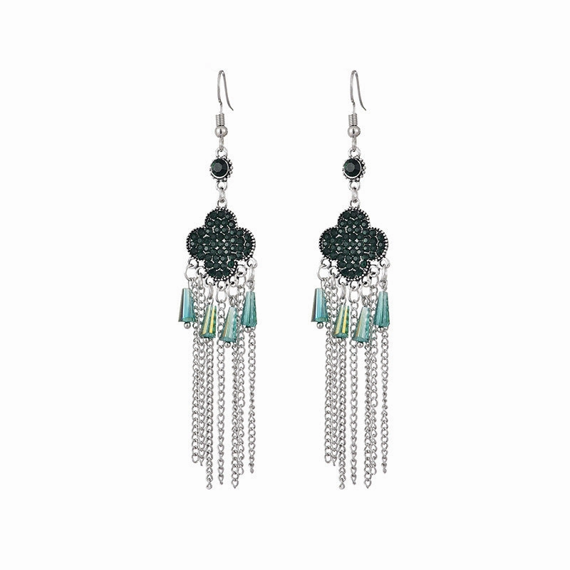 Wholesale Clover Full Diamond Tassel Alloy Earrings