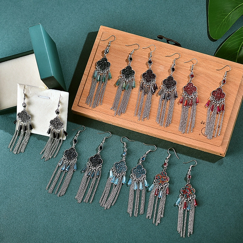 Wholesale Clover Full Diamond Tassel Alloy Earrings