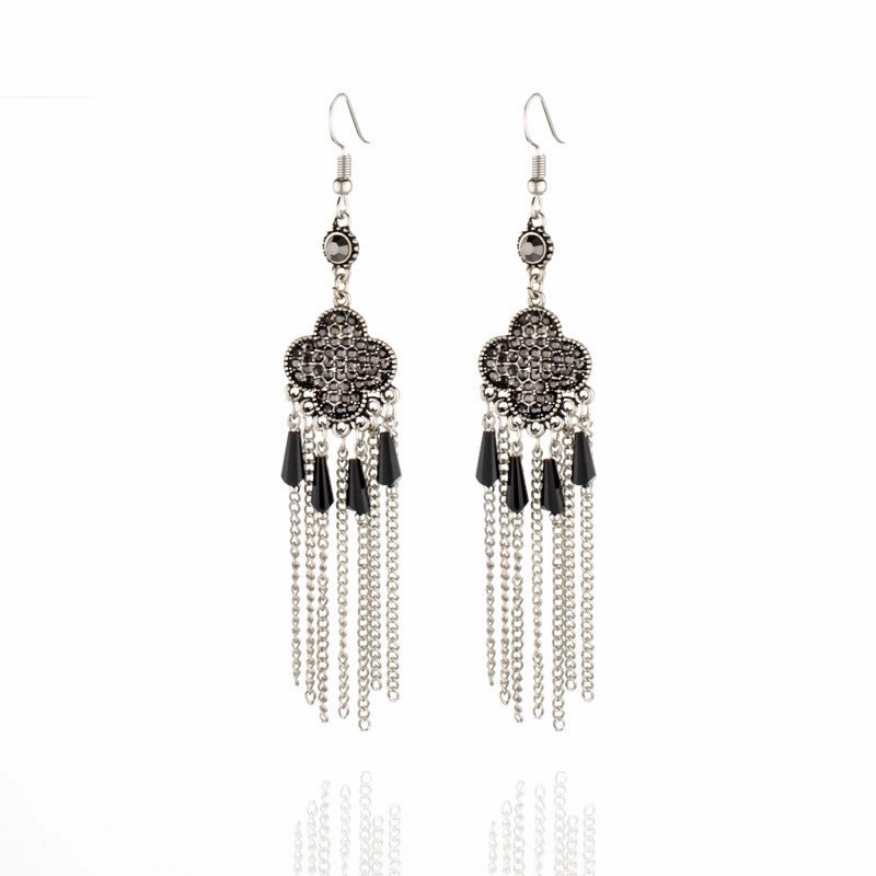 Wholesale Clover Full Diamond Tassel Alloy Earrings