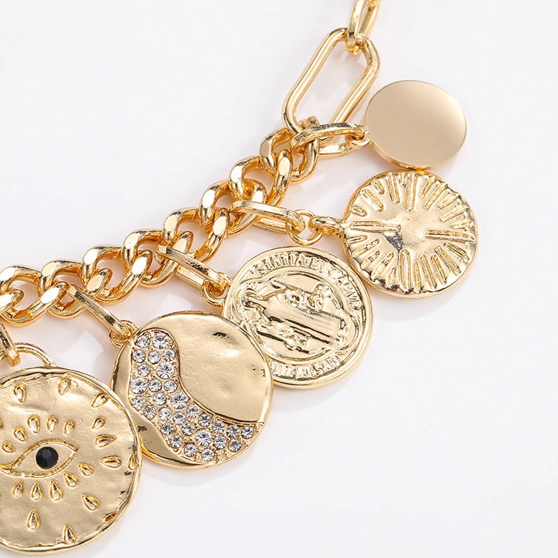 Wholesale Coin Inlaid Diamond Relief Alloy Necklaces