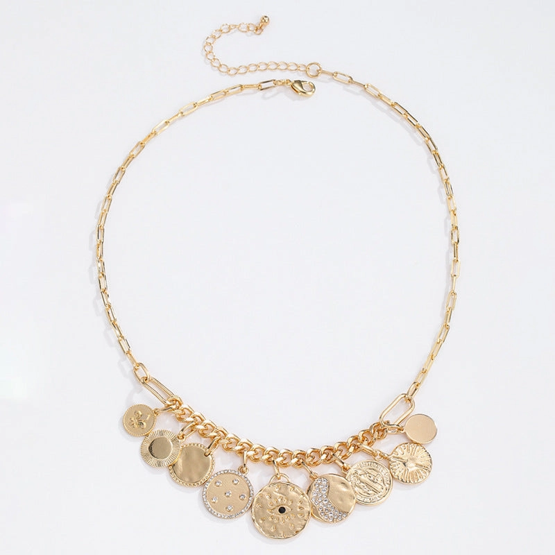 Wholesale Coin Inlaid Diamond Relief Alloy Necklaces