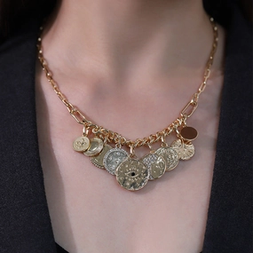 Wholesale Coin Inlaid Diamond Relief Alloy Necklaces