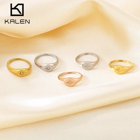 Wholesale Cold Style Oval Polished Diamond Eight-pointed Star Stainless Steel 18K Gold-plated Rings