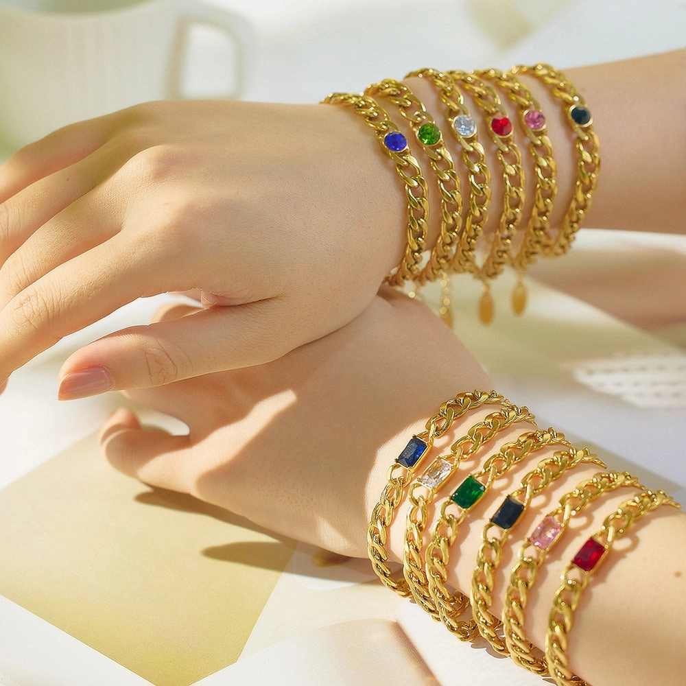 Wholesale Color Diamond Zircon Stainless Steel Square Diamond Cuban Titanium Steel Bracelet