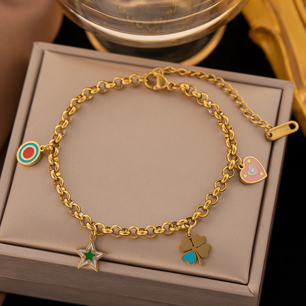 Wholesale Color Drip Oil Flower Eye Heart Titanium Steel Bracelet
