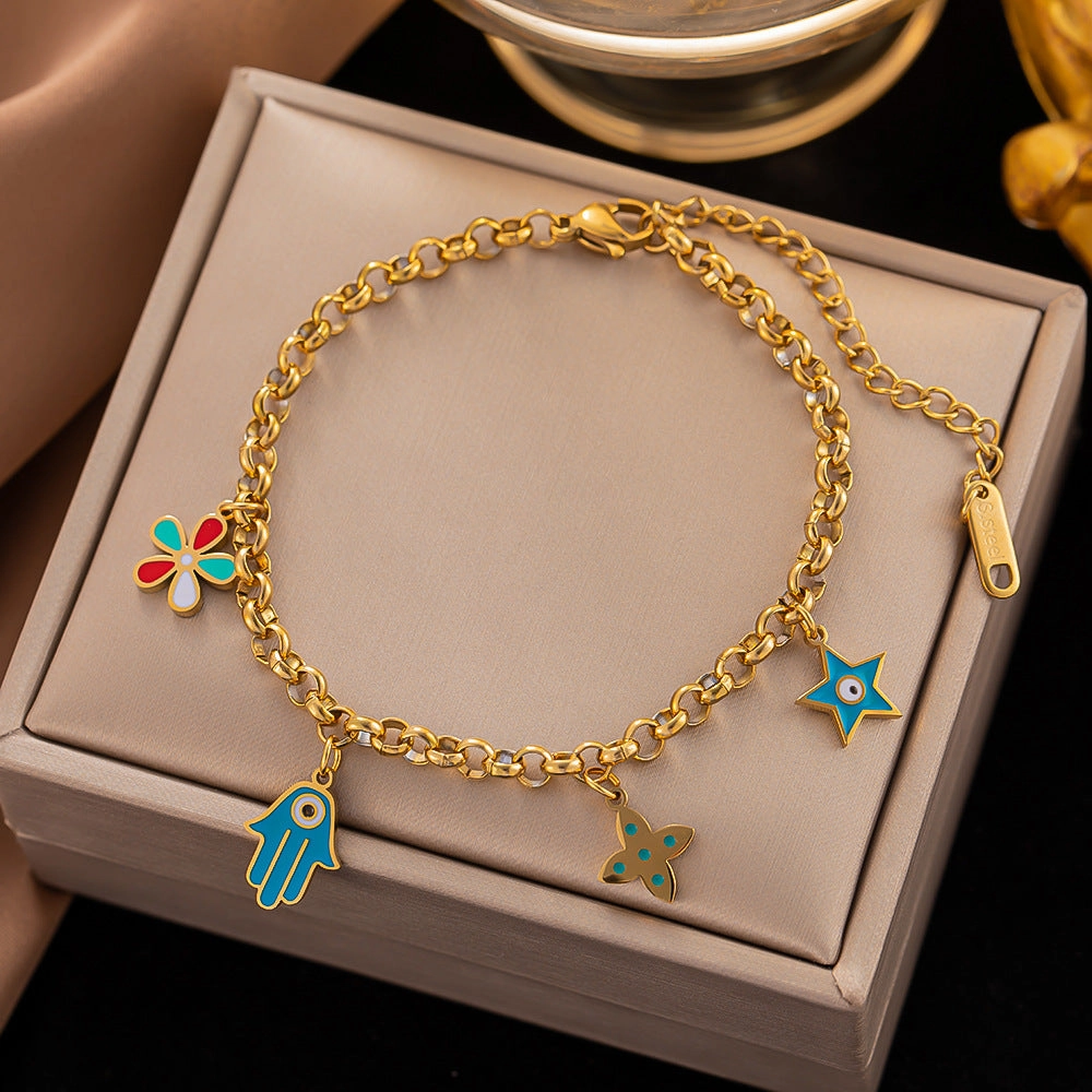 Wholesale Color Drip Oil Flower Eye Heart Titanium Steel Bracelet