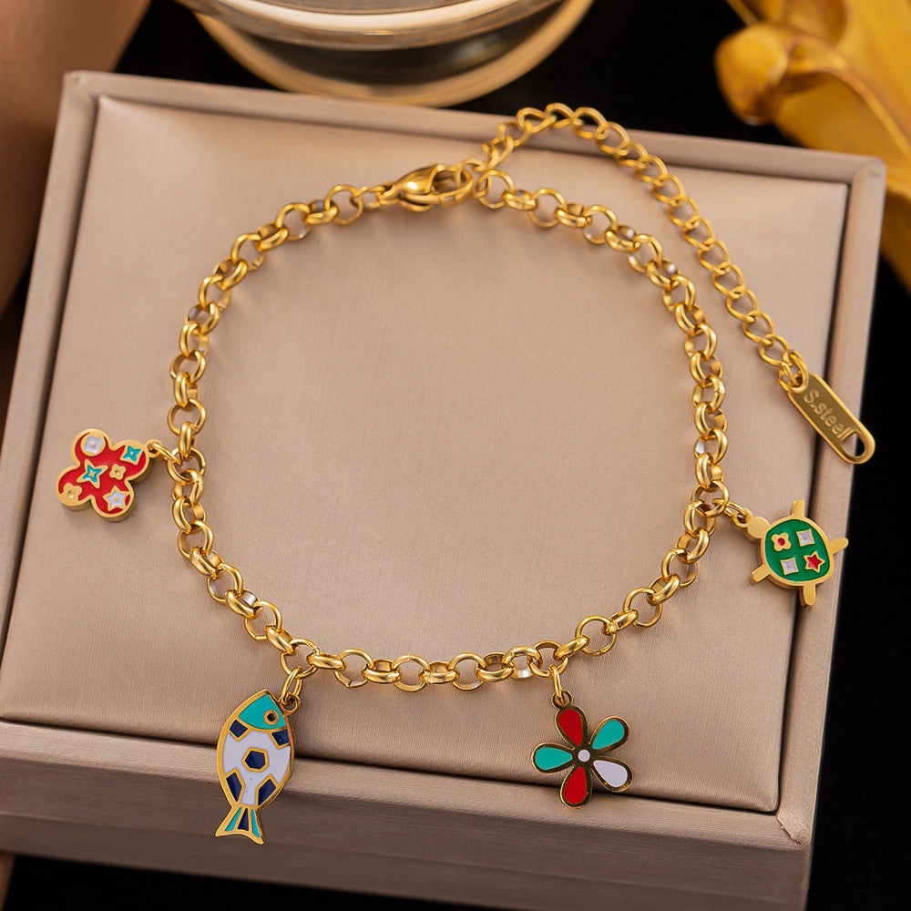 Wholesale Color Drip Oil Flower Eye Heart Titanium Steel Bracelet