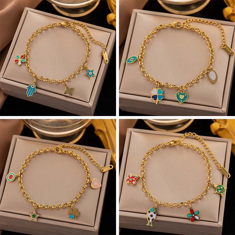 Wholesale Color Drip Oil Flower Eye Heart Titanium Steel Bracelet