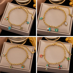 Wholesale Color Drip Oil Flower Eye Heart Titanium Steel Bracelet
