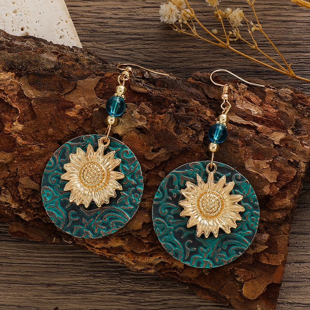 Wholesale Color Separation Double Layer Sunflower Pattern Earrings