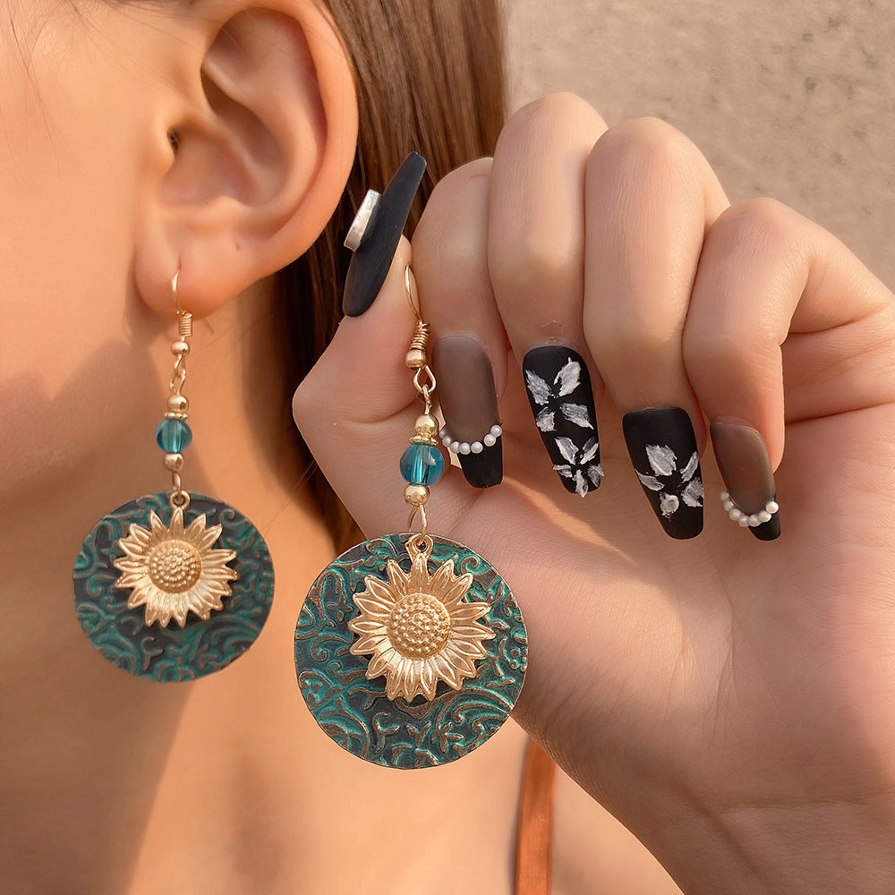 Wholesale Color Separation Double Layer Sunflower Pattern Earrings