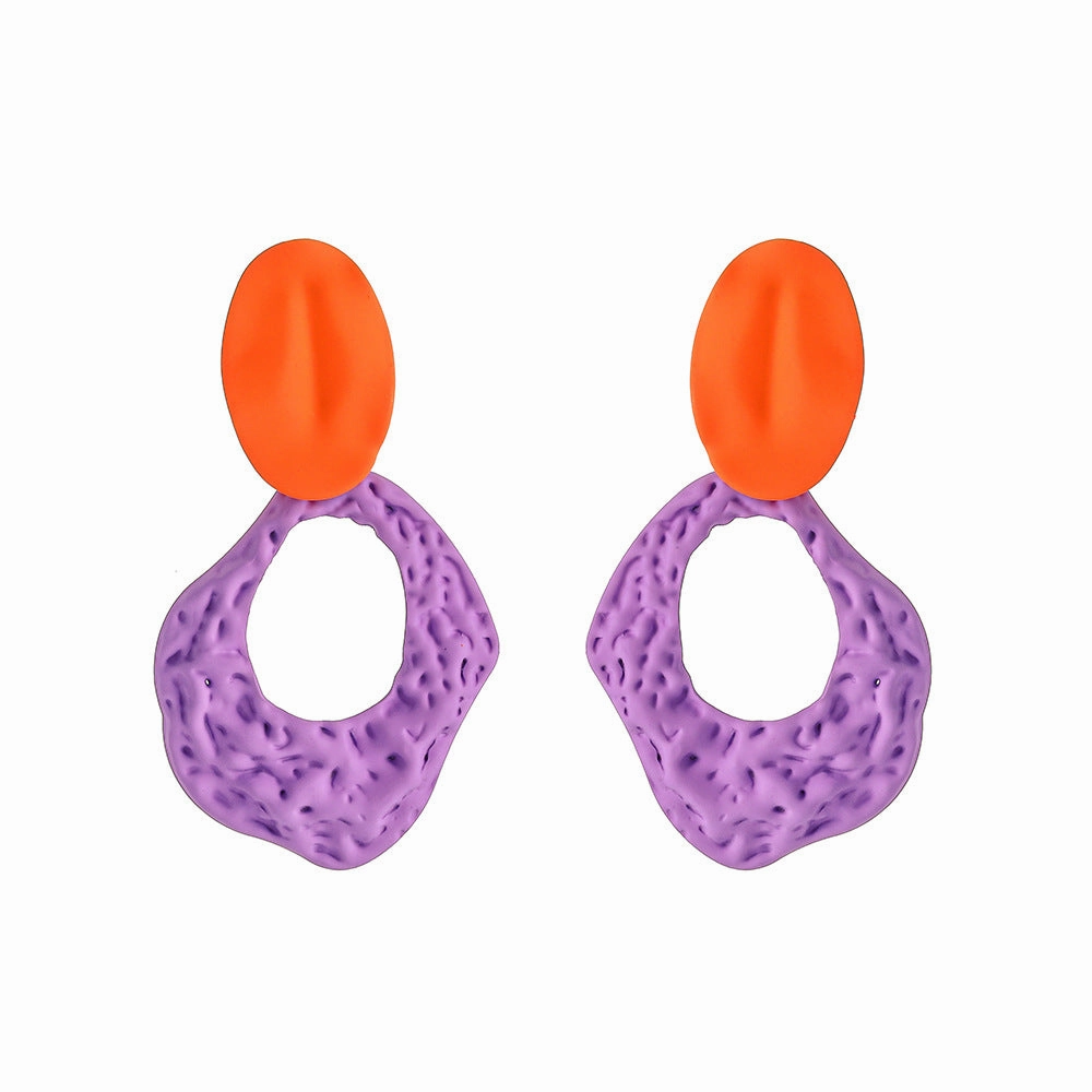 Wholesale Color Spray Painted Ellipse Hollow Out Rock Texture Metal Earrings
