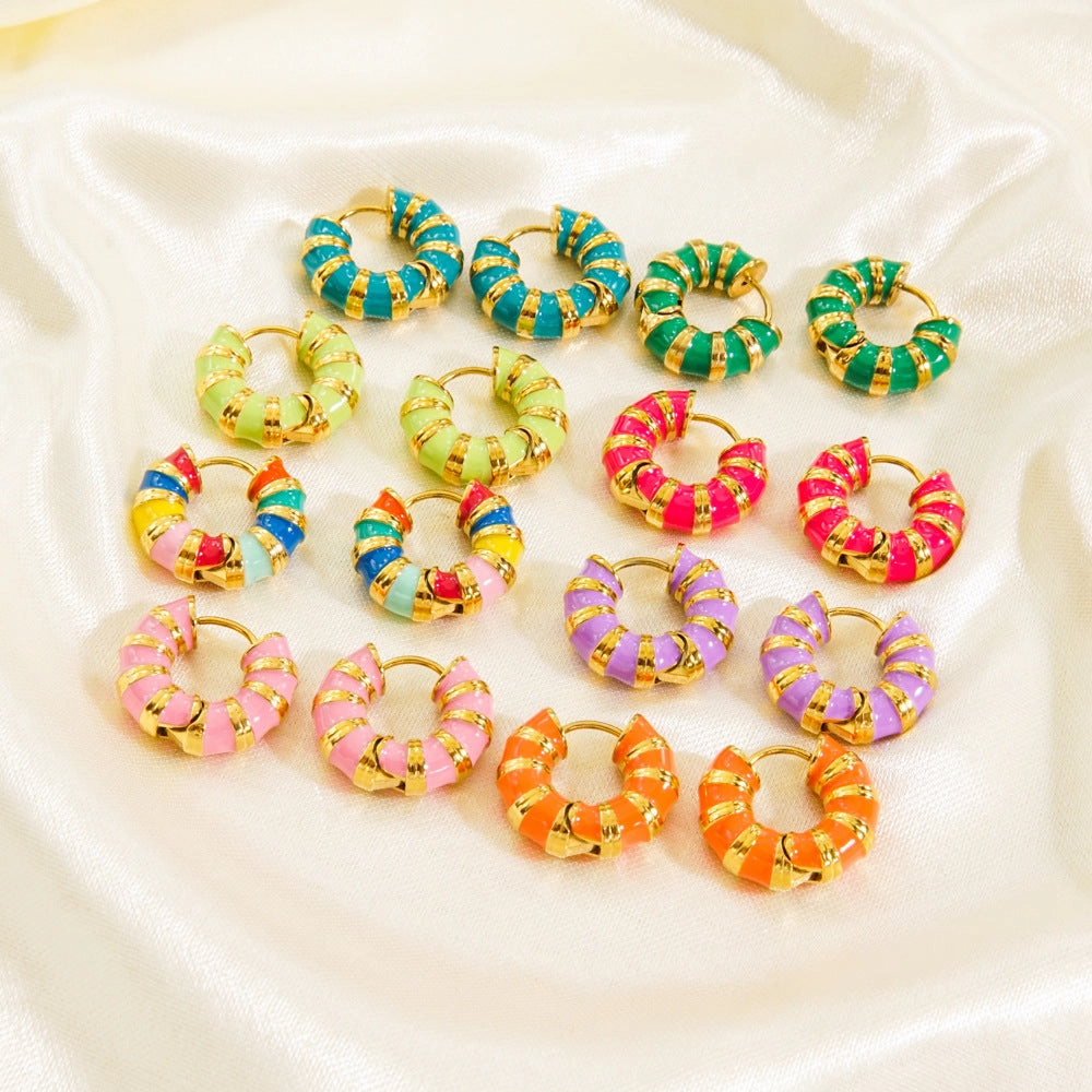 Wholesale Color Stripe Enamel Drip Oil Stainless Steel Earrings