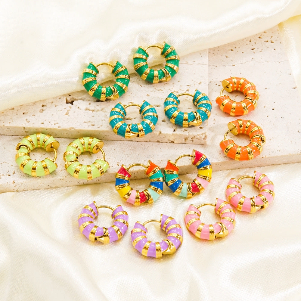 Wholesale Color Stripe Enamel Drip Oil Stainless Steel Earrings