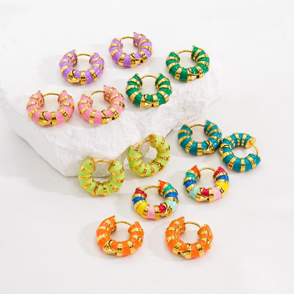 Wholesale Color Stripe Enamel Drip Oil Stainless Steel Earrings